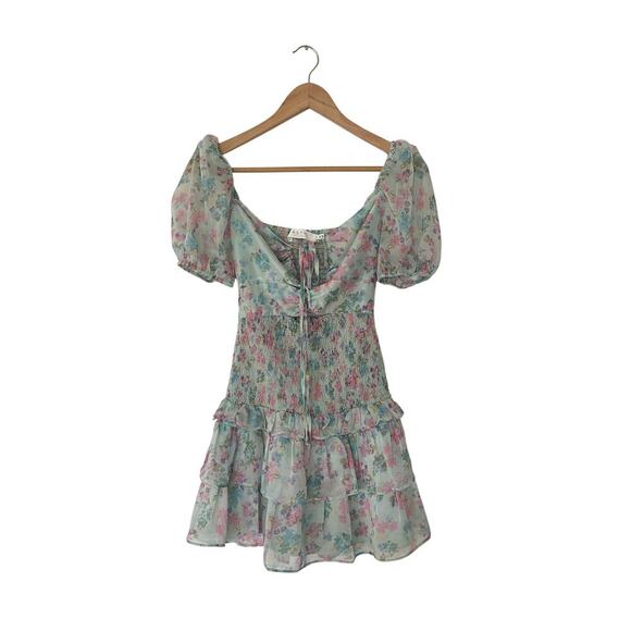 ASTR Garland Floral Front Cutout Puff Sleeve Mini Dress in Mint - Picture 5 of 8